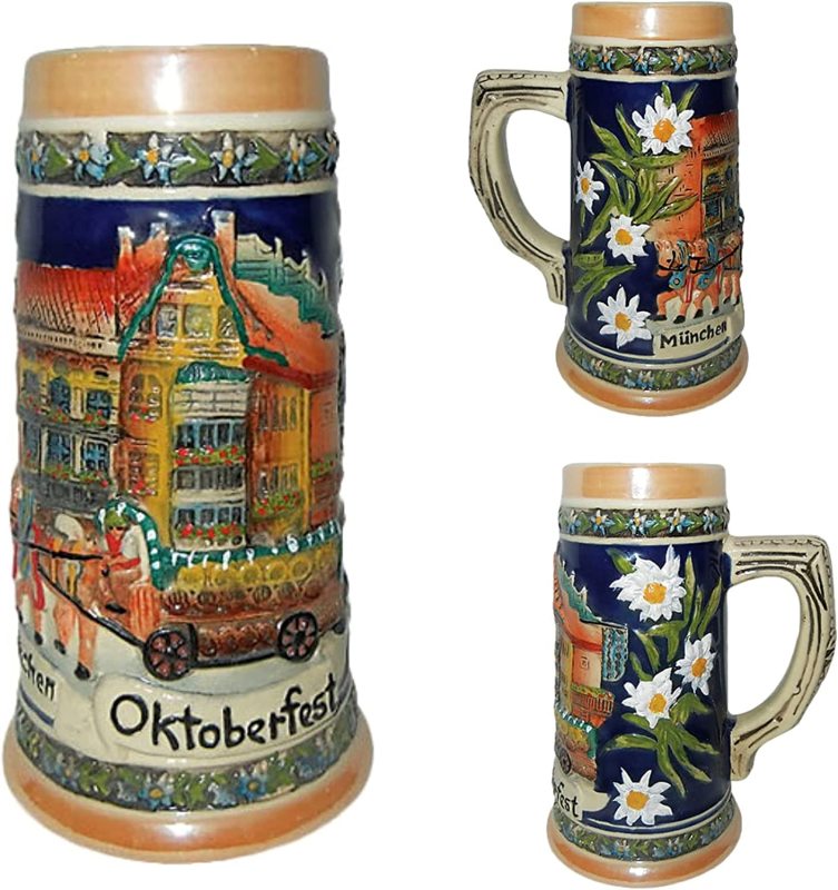 German Street Scene Engraved Ceramic Beer Stein