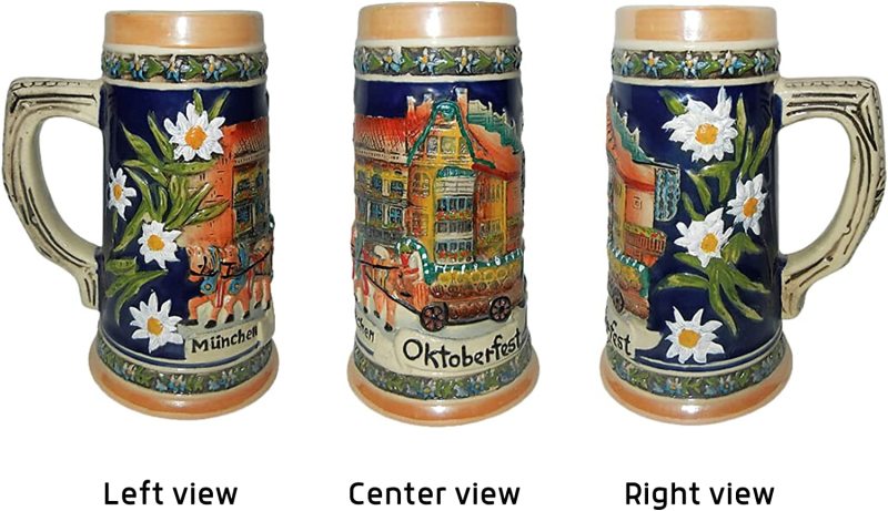German Street Scene Engraved Ceramic Beer Stein