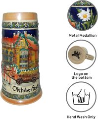 German Street Scene Engraved Ceramic Beer Stein