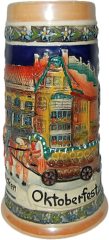 German Street Scene Engraved Ceramic Beer Stein