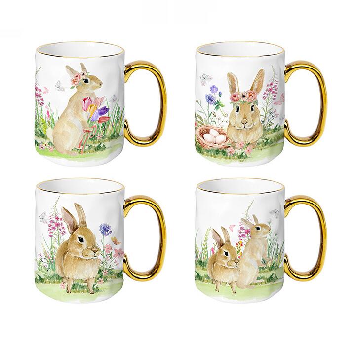 Easter Mug Easter Egg Bunny Floral Coffee Mug Colorful Rabbit Flower Carrot Ceramic Drinking Cup with Handle for Spring Party Supplies Table Centerpieces, 12oz