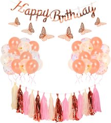 Rose Gold and Pink Birthday Party Decorations Set with Happy Birthday Banner,DIY Cake Topper,Circle Dots Garland