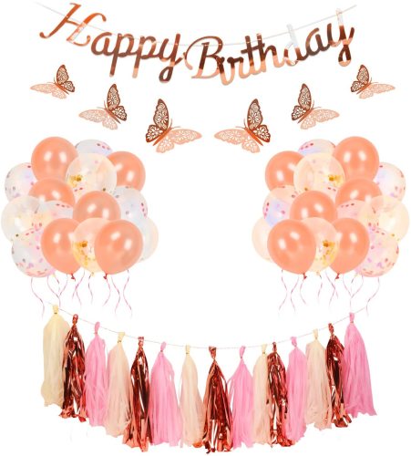 Rose Gold and Pink Birthday Party Decorations Set with Happy Birthday Banner,DIY Cake Topper,Circle Dots Garland