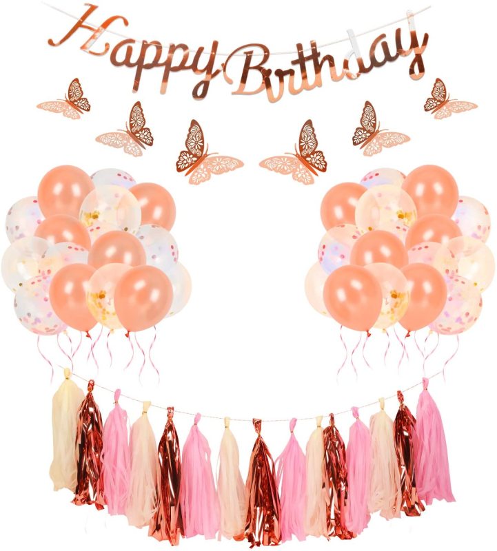 Rose Gold and Pink Birthday Party Decorations Set with Happy Birthday Banner,DIY Cake Topper,Circle Dots Garland