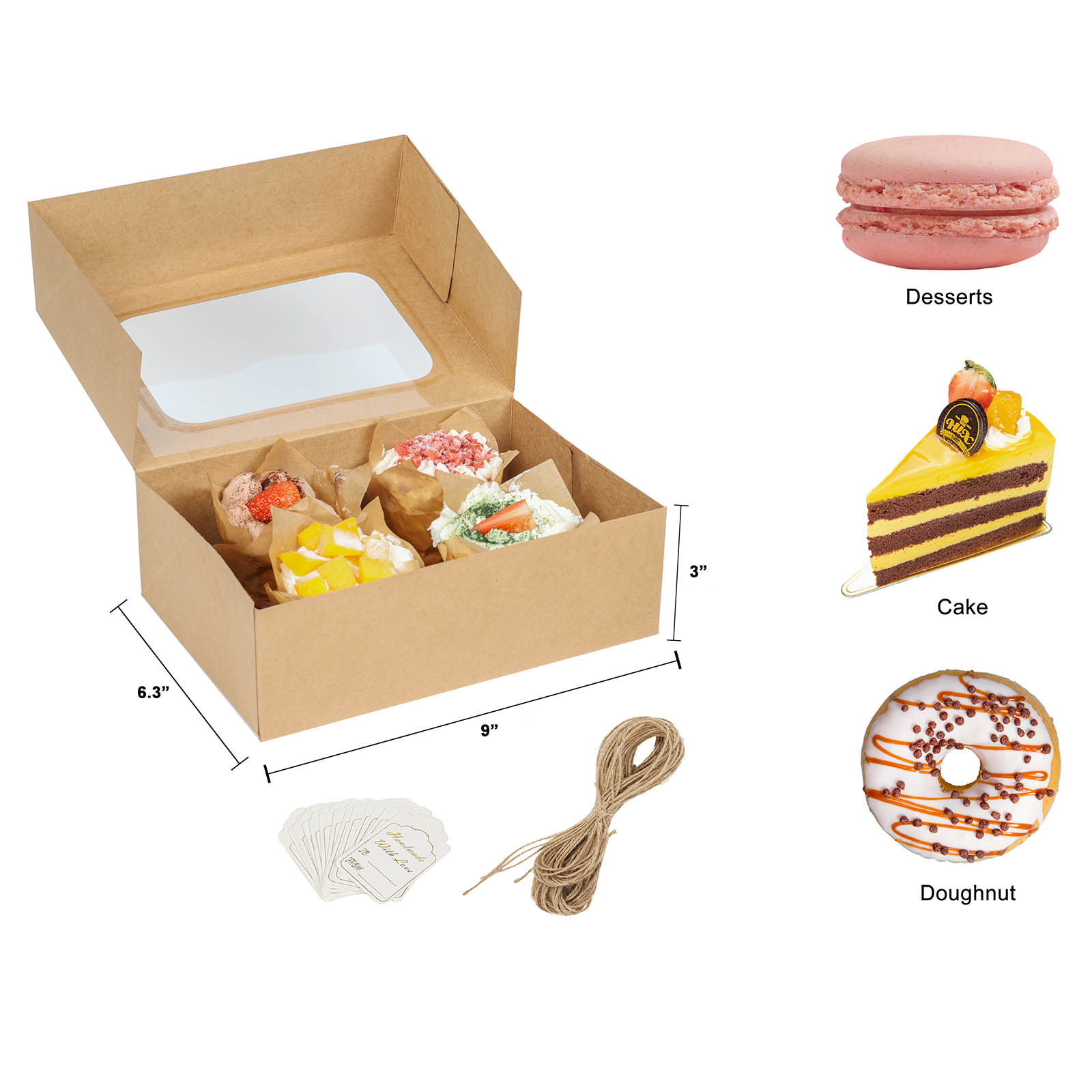 24 Pcs Cookie Boxes with Window for Paper Gift Giving Brown Bakery Cupcake Boxes 9" x 6.3" x 3" for Packaging Easy Estate Holiday Pastry Dessert Boxes for Pastries,Cookies, Donuts.