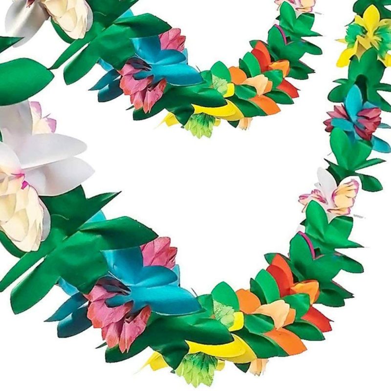 Paper Garland Decorations, 2PCS Hibiscus Garland Tissue Flower Banner Tropical Paper Flowers Luau Party Decorations