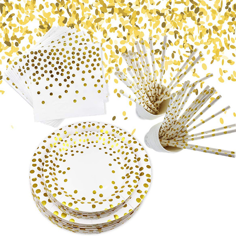 Golden Polka Dots Disposable tableware Paper Plates Party Supplies Birthday and Baptism