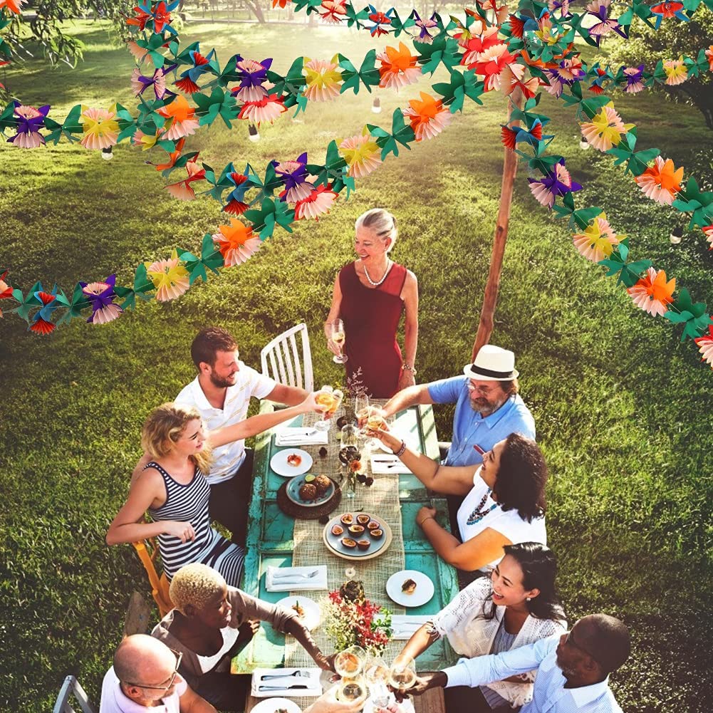 Paper Garland Decorations, 2PCS Hibiscus Garland Tissue Flower Banner Tropical Paper Flowers Luau Party Decorations