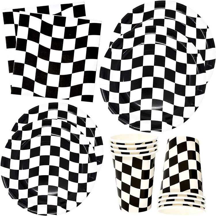 Party Decoration Black and White Tartan Plaid Race Car Paper Tableware Set 24 Guest Kid Birthday Party Customized