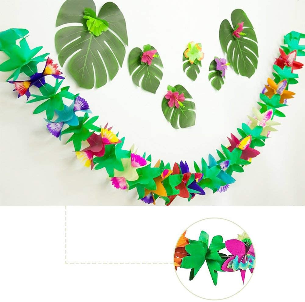 Paper Garland Decorations, 2PCS Hibiscus Garland Tissue Flower Banner Tropical Paper Flowers Luau Party Decorations