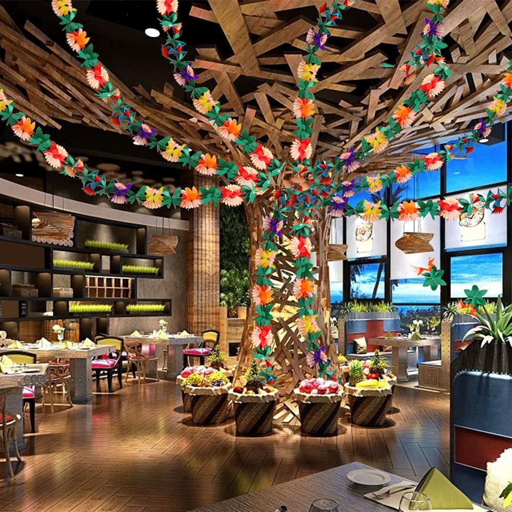 Paper Garland Decorations, 2PCS Hibiscus Garland Tissue Flower Banner Tropical Paper Flowers Luau Party Decorations