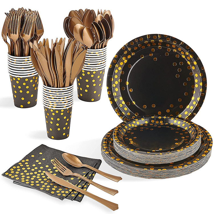 Gold dot disposable plates cups and napkins birthday party supplies tableware Sets Party Decorations Supplies