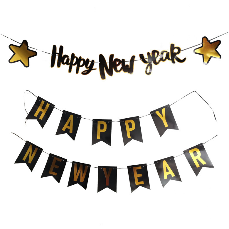 Wholesale New Design Large Size Black Gold Happy New Year 2022 Paper Banner