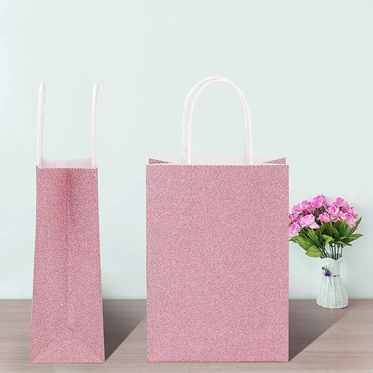 Custom Printed Your Own Logo Pink Rose Gold Glitter Kraft Paper Favor Bags With Handle
