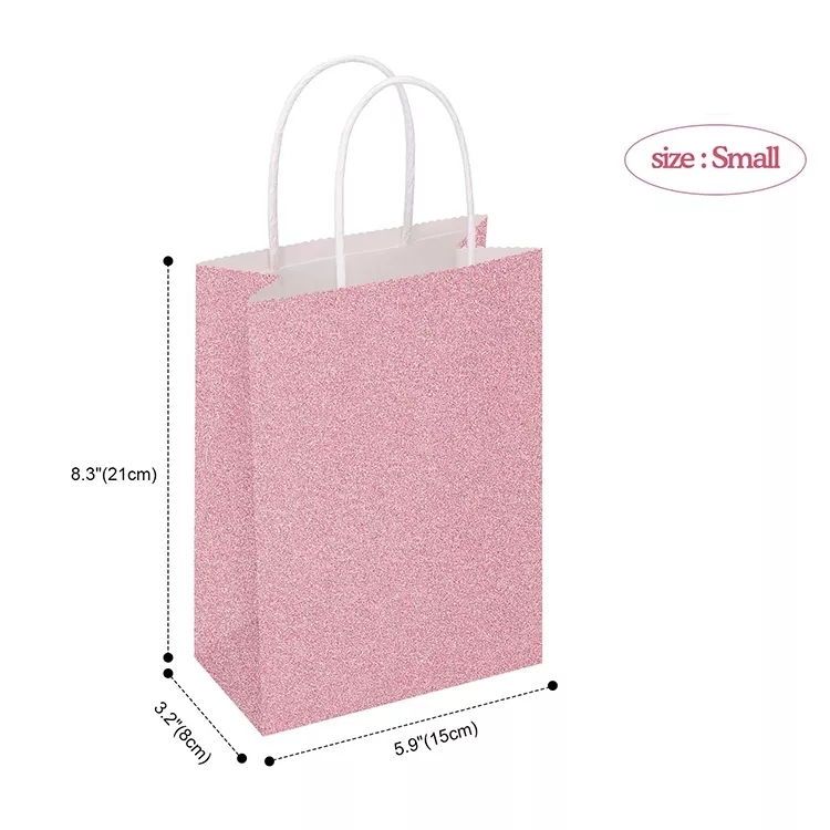 Custom Printed Your Own Logo Pink Rose Gold Glitter Kraft Paper Favor Bags With Handle