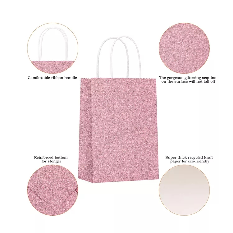 Custom Printed Your Own Logo Pink Rose Gold Glitter Kraft Paper Favor Bags With Handle