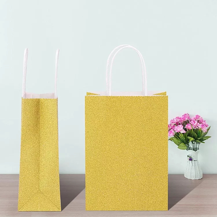 Custom Printed Your Own Logo Pink Rose Gold Glitter Kraft Paper Favor Bags With Handle