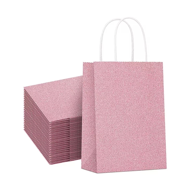 Custom Printed Your Own Logo Pink Rose Gold Glitter Kraft Paper Favor Bags With Handle