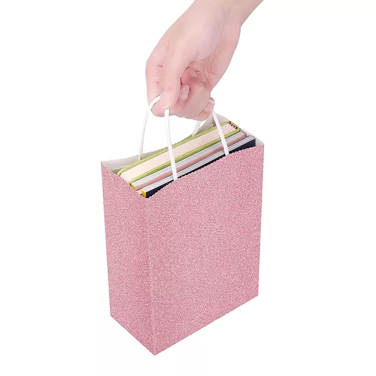 Custom Printed Your Own Logo Pink Rose Gold Glitter Kraft Paper Favor Bags With Handle