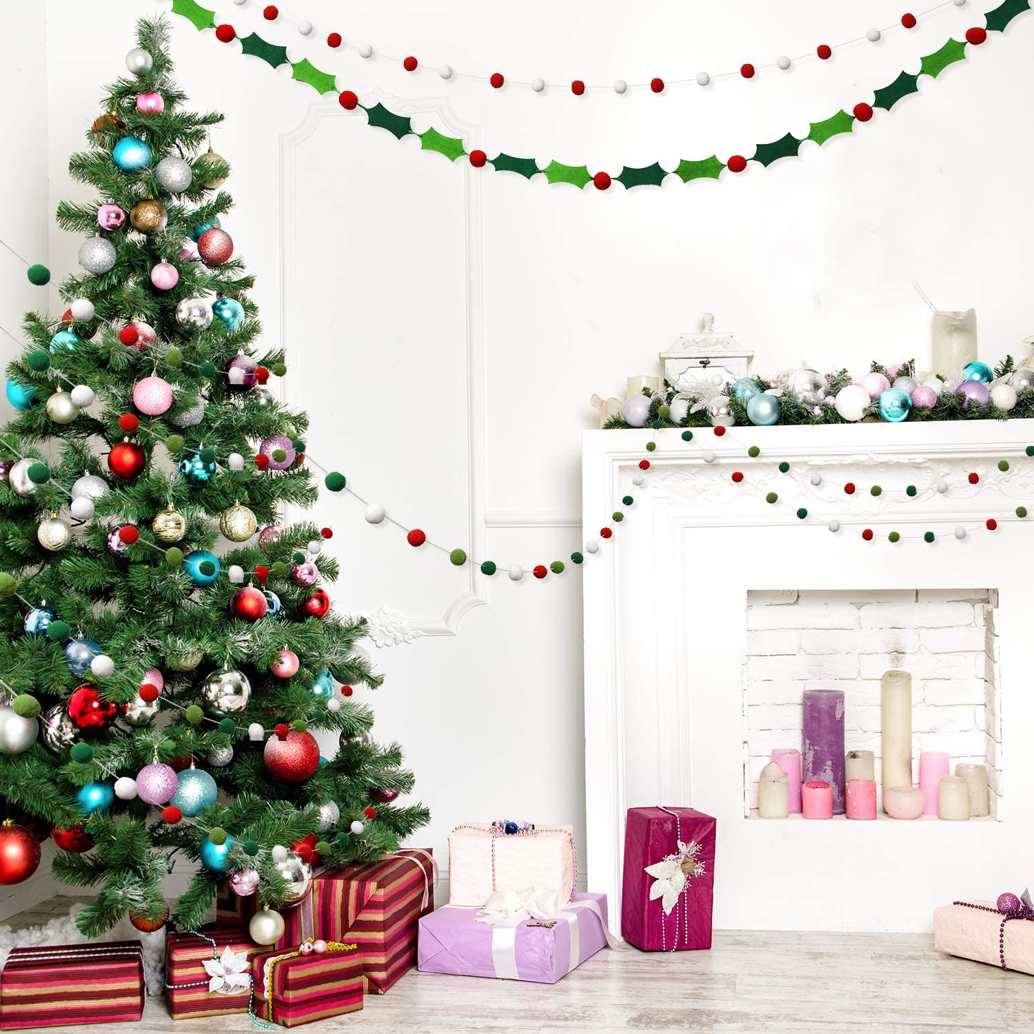 Felt Ball Garland Felt Banner Holiday Holly and Berries Felt Banner Pom Pom Garland