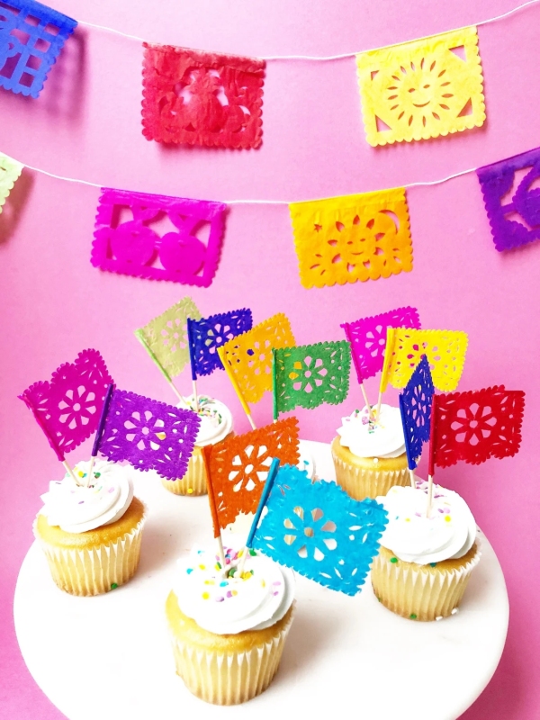 Mexican party decorations, set of 12 cupcake toppers, cupcake decorations, cupcake flags, papel picado banner, Mexican fiesta supplies