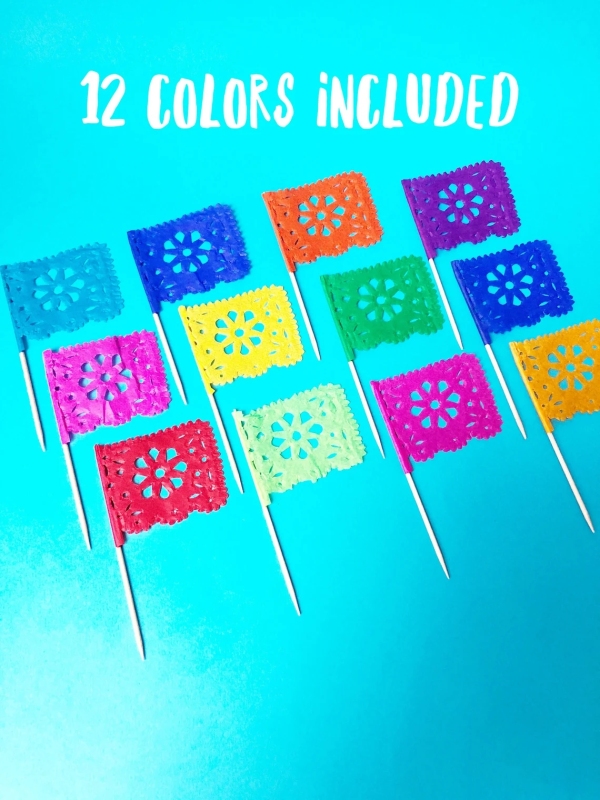 Mexican party decorations, set of 12 cupcake toppers, cupcake decorations, cupcake flags, papel picado banner, Mexican fiesta supplies