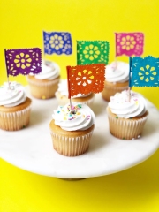 Mexican party decorations, set of 12 cupcake toppers, cupcake decorations, cupcake flags, papel picado banner, Mexican fiesta supplies