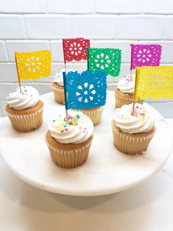 Mexican party decorations, set of 12 cupcake toppers, cupcake decorations, cupcake flags, papel picado banner, Mexican fiesta supplies