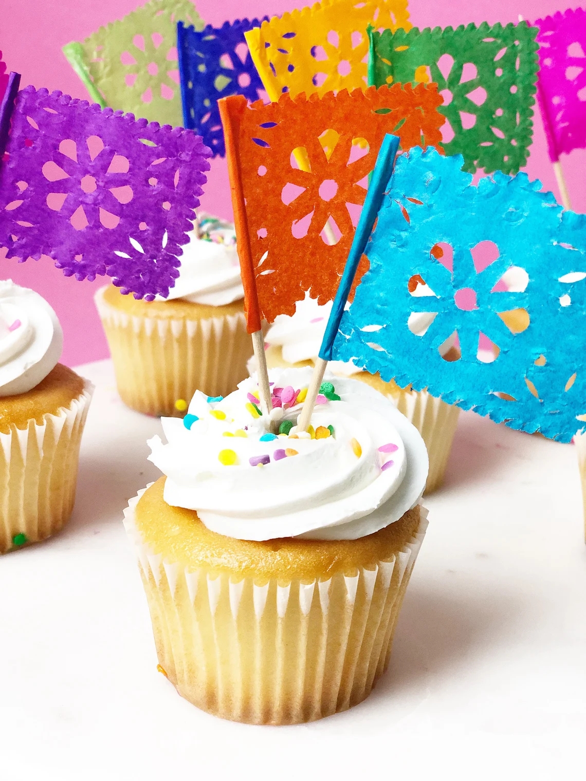Mexican party decorations, set of 12 cupcake toppers, cupcake decorations, cupcake flags, papel picado banner, Mexican fiesta supplies