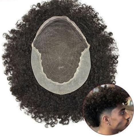 Q6 Afro Kinky Curly Mens Hair Units For African American Black Men French Lace With PU Hair Replacement System Weave Hair Pieces For Men