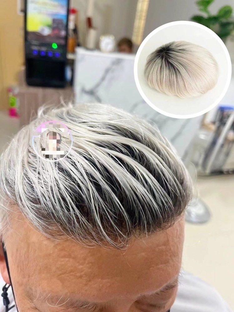 Blackgrey Mens toupee color 1BT BLACK and grey hair color human hair system for men