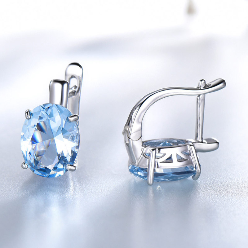 Blue Topaz Clip Earrings for Women Solid 925 Sterling Silver Jewelry Oval Gemstone Korean Earrings Gift for Her Jewelry