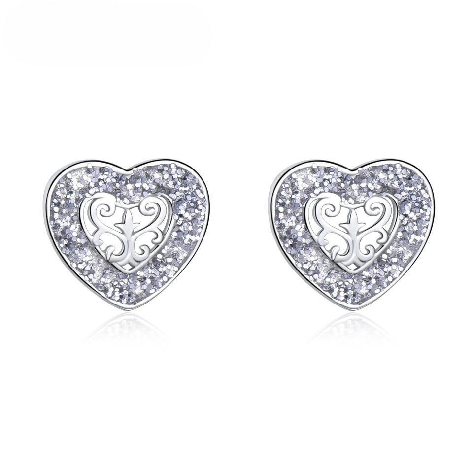 Solid 925 Sterling Silver Stud Earrings Glitter Heart Rose Gold Color Earrings For Women Romantic Gift Jewelry