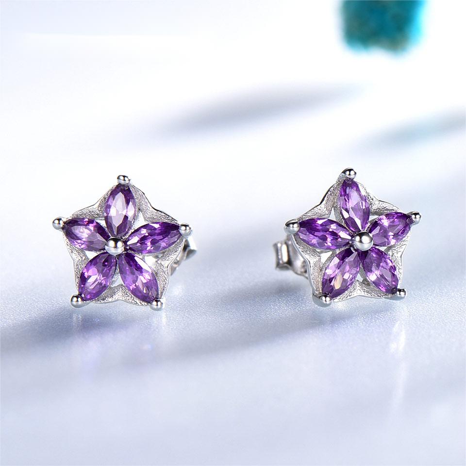 Solid 925 Sterling Silver Flower Stud Earrings For Women Created Amethyst Gemstone Jewelry Silver Earrings Christmas Gift