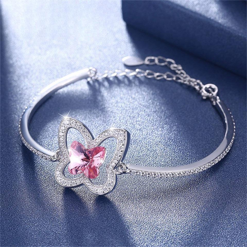 Crystal Real 925 Silver Bracelet Butterfly Pink Blue Bracelets Romantic Jewelry For Women Girls Festival Anniversary Gift