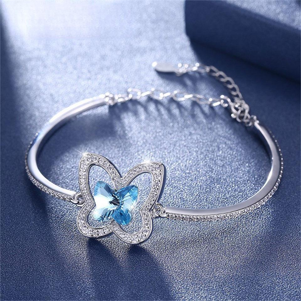 Crystal Real 925 Silver Bracelet Butterfly Pink Blue Bracelets Romantic Jewelry For Women Girls Festival Anniversary Gift