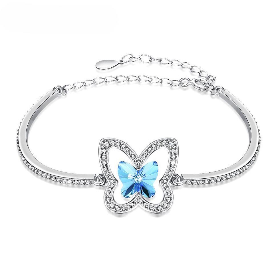 Crystal Real 925 Silver Bracelet Butterfly Pink Blue Bracelets Romantic Jewelry For Women Girls Festival Anniversary Gift