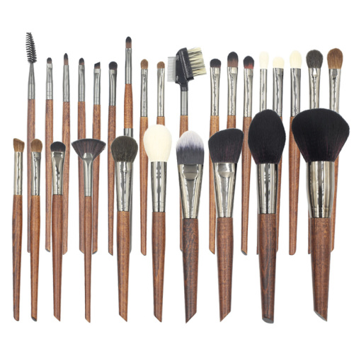 28pcs high quality yellow and white wooden handle with thick aluminum tube animal hair makeup brush