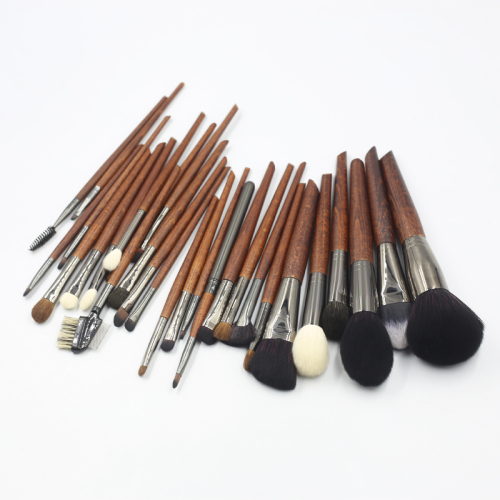 28pcs high quality yellow and white wooden handle with thick aluminum tube animal hair makeup brush