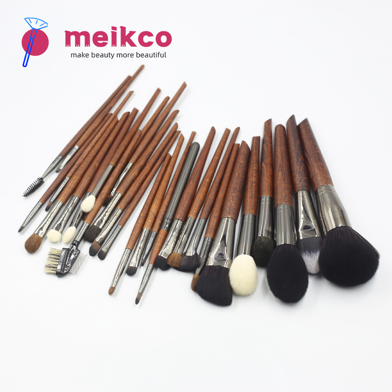 28pcs high quality yellow and white wooden handle with thick aluminum tube animal hair makeup brush
