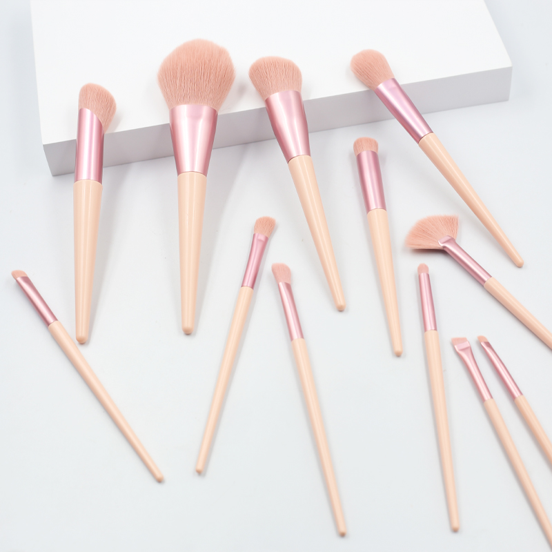 12pcs high quality pink wooden handle reinforced aluminum tube synthetic wool makeup set brush
