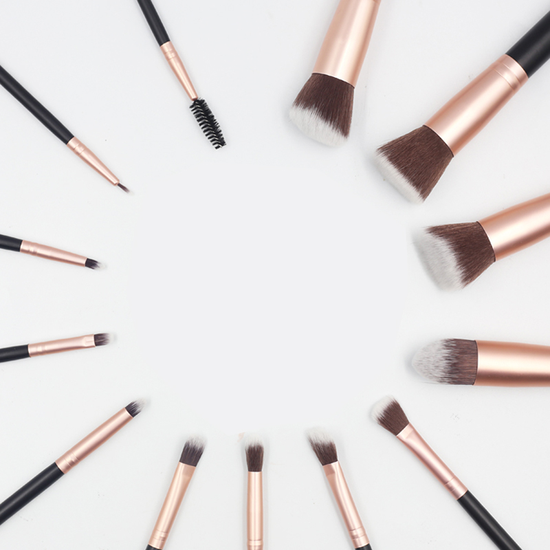 14pcs high quality pink wooden handle reinforced aluminum tube synthetic wool makeup set brush