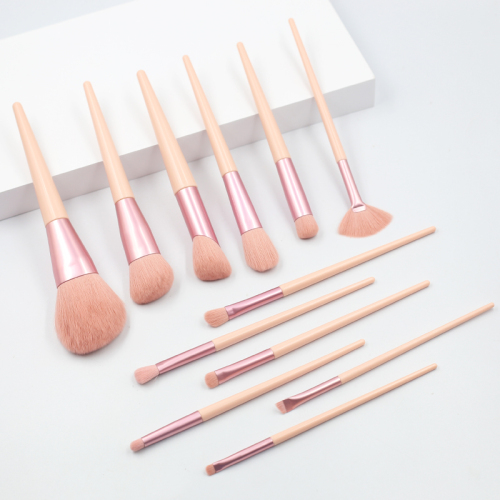 12pcs high quality pink wooden handle reinforced aluminum tube synthetic wool makeup set brush