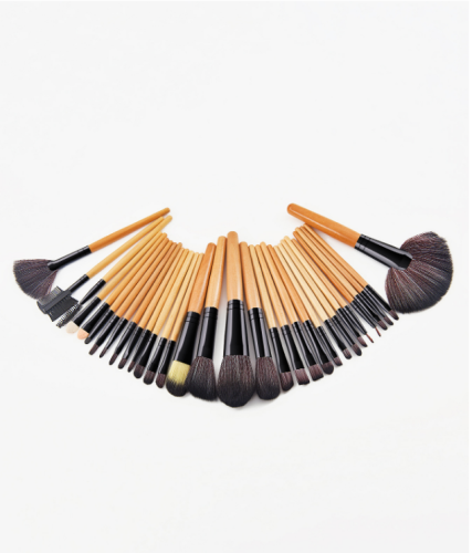 32pcs high quality yellow wooden handle black thickened aluminum tube synthetic wool professional makeup brush