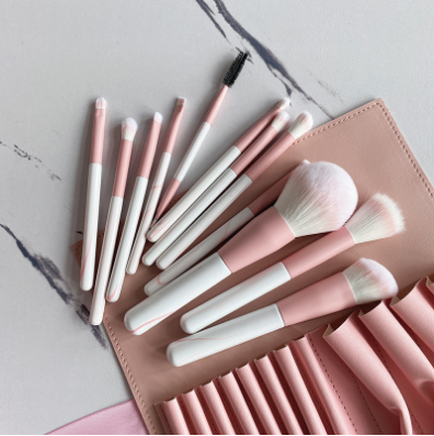 12pcs high quality blue and white or red and white wood handle reinforced aluminum tube synthetic wool makeup set brush