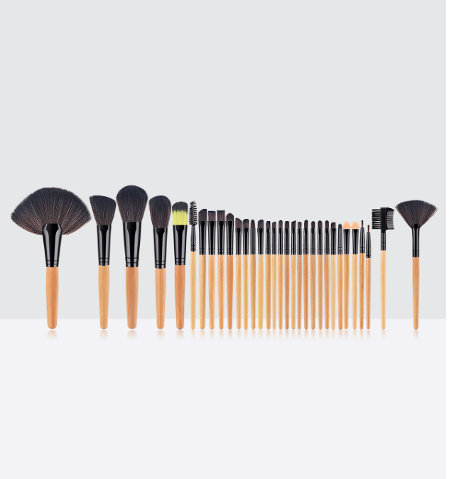 32pcs high quality yellow wooden handle black thickened aluminum tube synthetic wool professional makeup brush