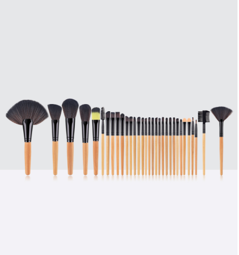 32pcs high quality yellow wooden handle black thickened aluminum tube synthetic wool professional makeup brush