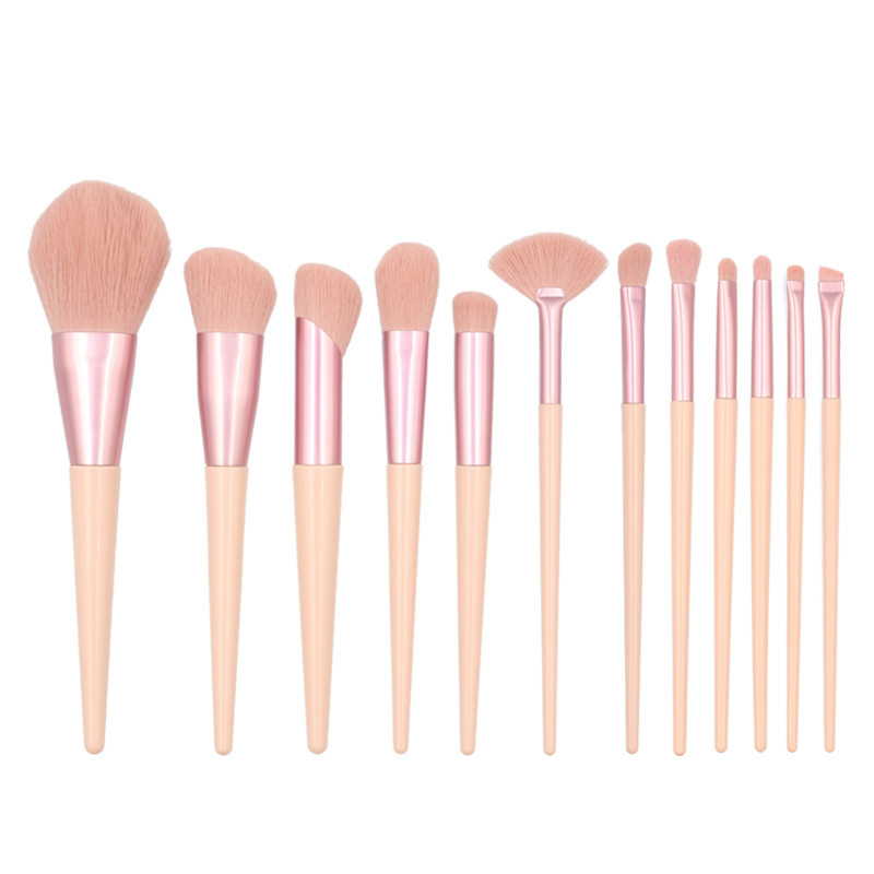 12pcs high quality pink wooden handle reinforced aluminum tube synthetic wool makeup set brush