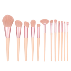 12pcs high quality pink wooden handle reinforced aluminum tube synthetic wool makeup set brush