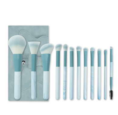 12pcs high quality blue and white or red and white wood handle reinforced aluminum tube synthetic wool makeup set brush